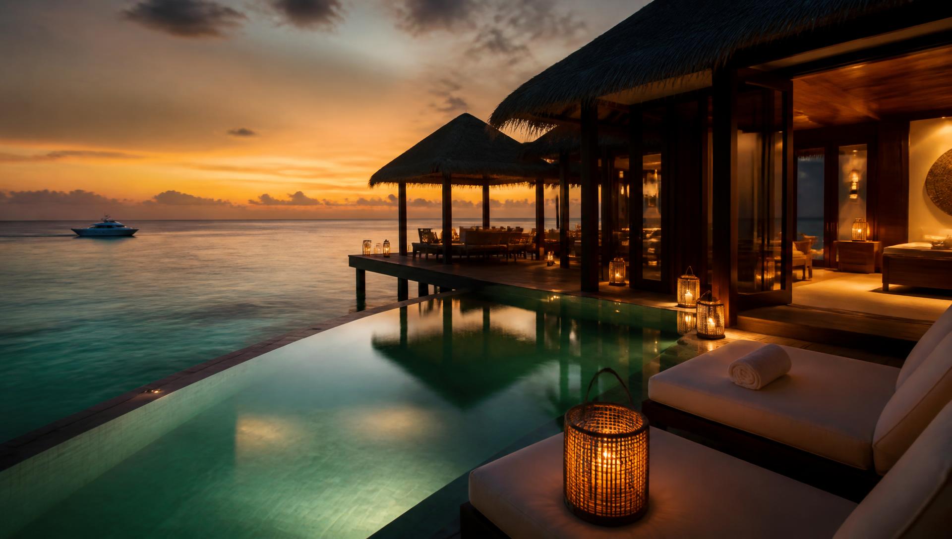 Private infinity pool overlooking a calm ocean at golden dusk